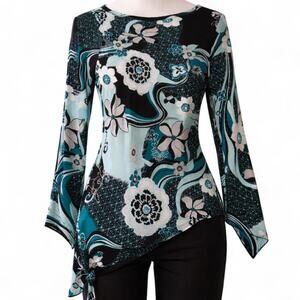 Floral Asymmetric Tie-Hem Women's Top - Teal & Black